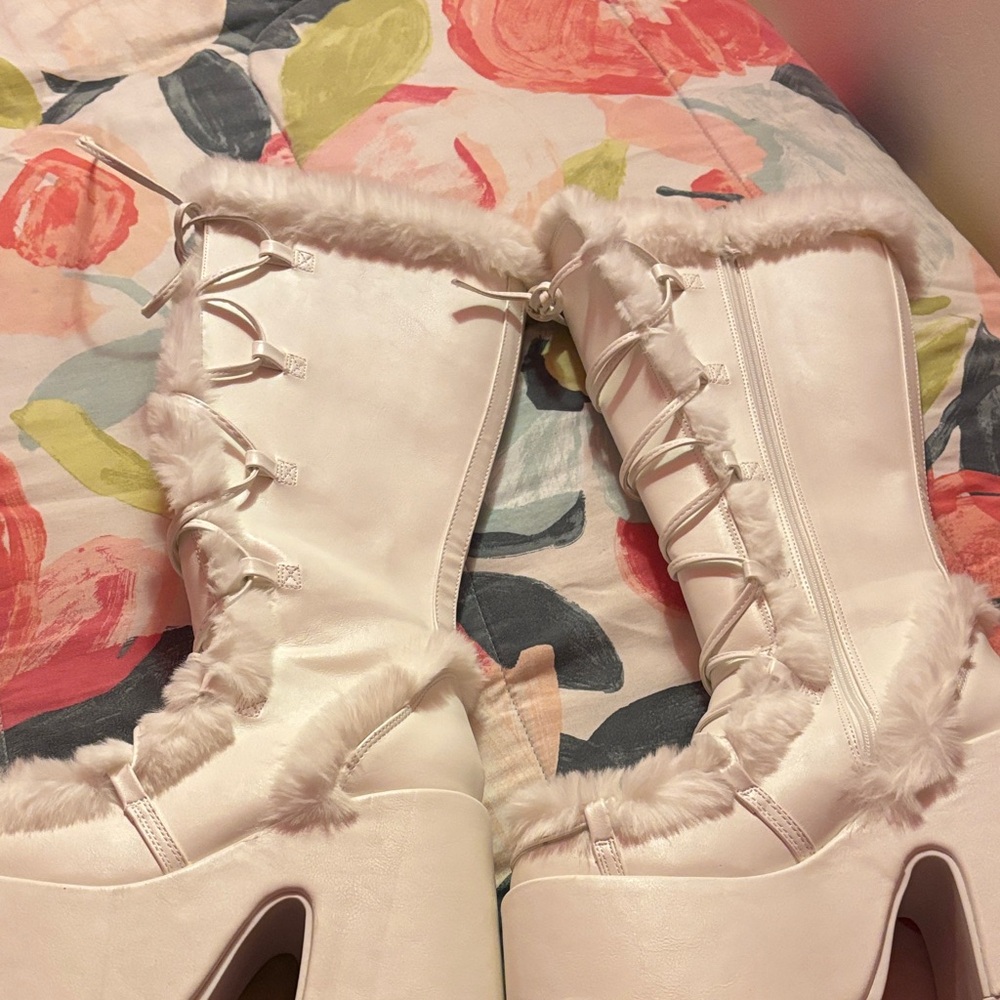 Demonia White Fur-Lined Platform Boots